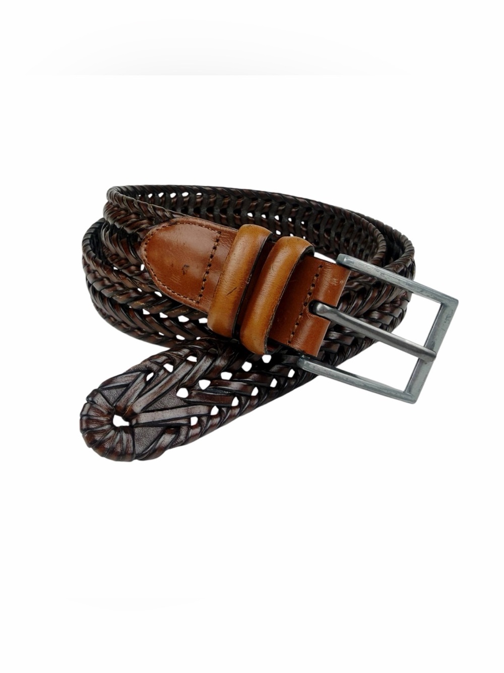 Brown Braided Leather Belt Woven Stretch Size 38